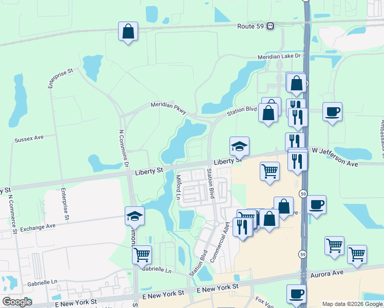 map of restaurants, bars, coffee shops, grocery stores, and more near 985 Times Square Drive in Aurora