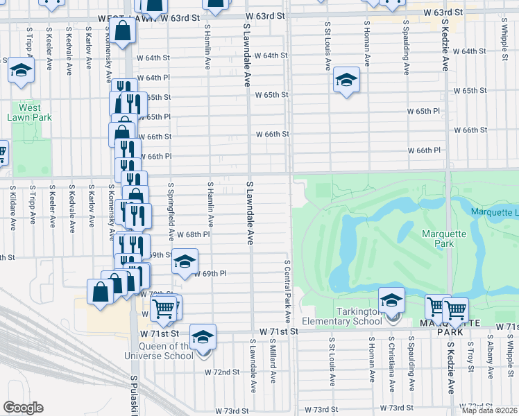 map of restaurants, bars, coffee shops, grocery stores, and more near 3629 West 67th Place in Chicago
