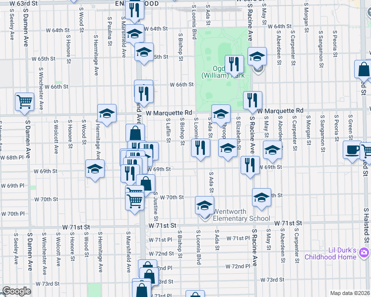 map of restaurants, bars, coffee shops, grocery stores, and more near 6817 South Bishop Street in Chicago