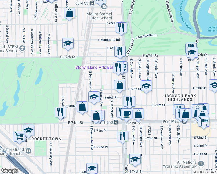 map of restaurants, bars, coffee shops, grocery stores, and more near 1464 East 69th Street in Chicago