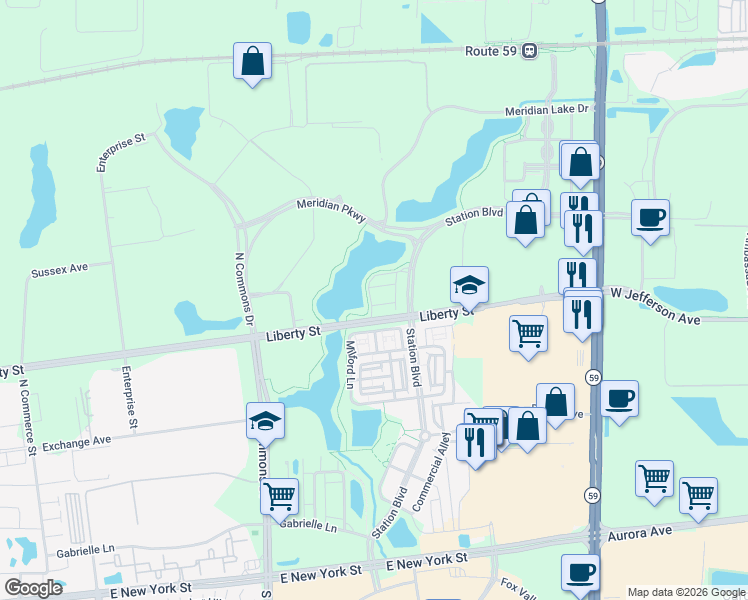 map of restaurants, bars, coffee shops, grocery stores, and more near 901 Times Square Drive in Aurora