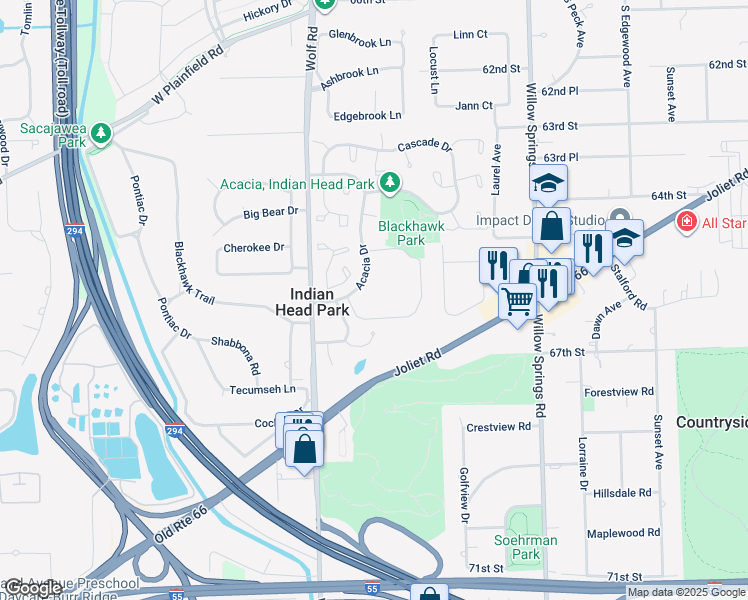 map of restaurants, bars, coffee shops, grocery stores, and more near 111 Acacia Drive in Indian Head Park