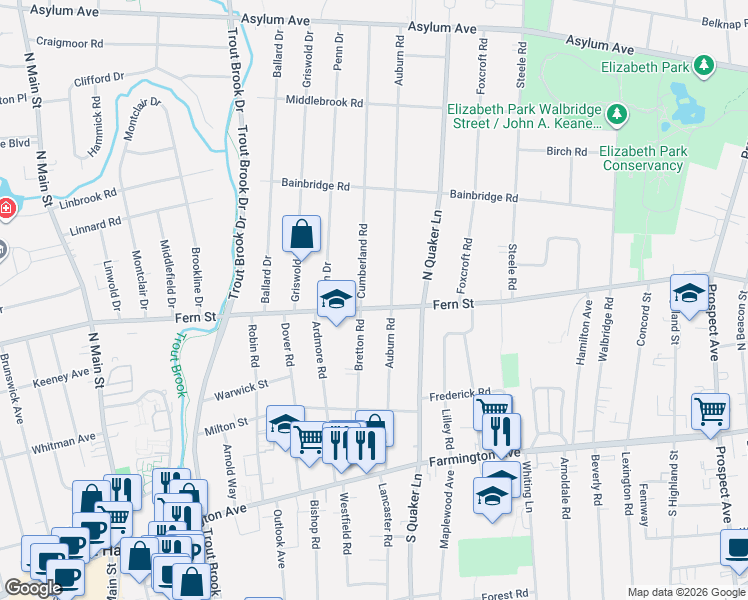 map of restaurants, bars, coffee shops, grocery stores, and more near 169 Auburn Road in West Hartford