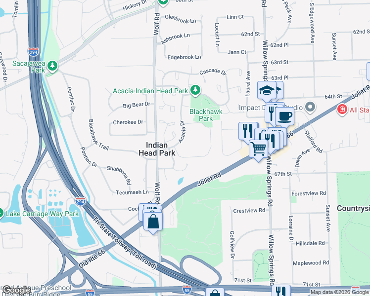 map of restaurants, bars, coffee shops, grocery stores, and more near 111 Acacia Drive in Indian Head Park