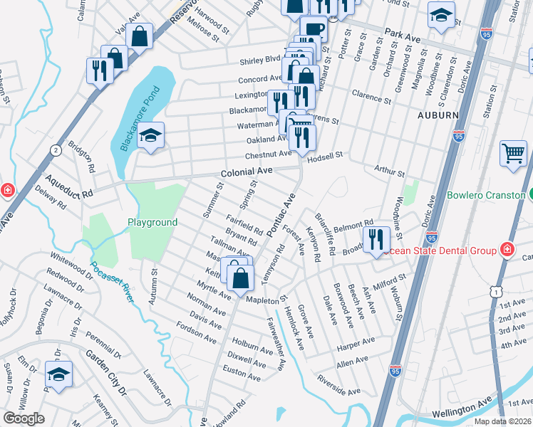 map of restaurants, bars, coffee shops, grocery stores, and more near 23 Hawthorne Avenue in Cranston