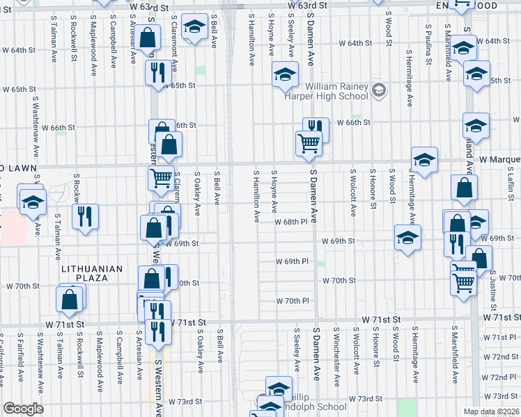 map of restaurants, bars, coffee shops, grocery stores, and more near 2108 West 68th Street in Chicago