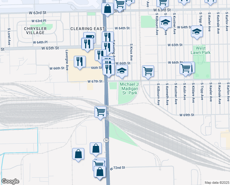 map of restaurants, bars, coffee shops, grocery stores, and more near 6700 South Keating Avenue in Chicago