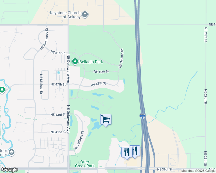 map of restaurants, bars, coffee shops, grocery stores, and more near 1402 Northeast 47th Street in Ankeny