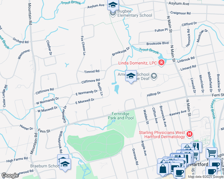 map of restaurants, bars, coffee shops, grocery stores, and more near 75 East Maxwell Drive in West Hartford