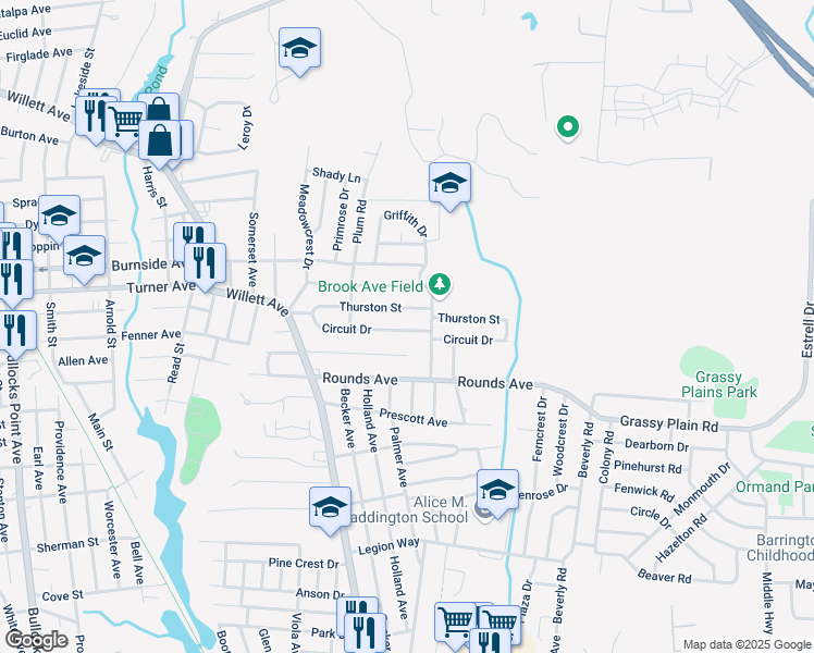 map of restaurants, bars, coffee shops, grocery stores, and more near 78 Thurston Street in East Providence