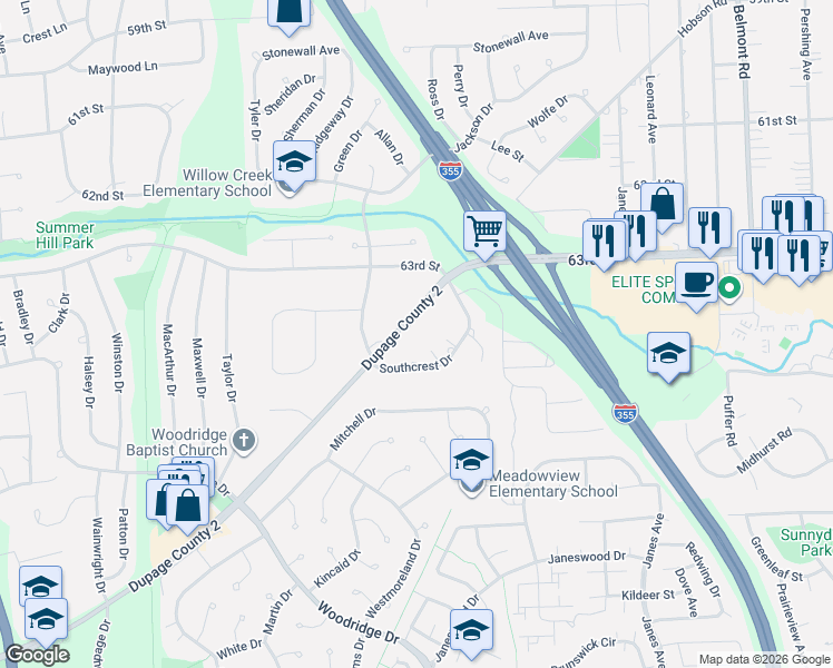 map of restaurants, bars, coffee shops, grocery stores, and more near 2660 Hobson Road in Downers Grove