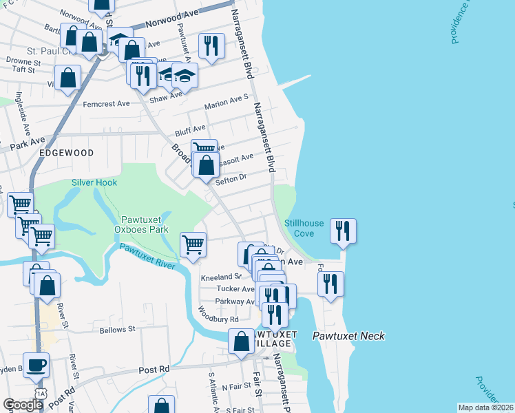 map of restaurants, bars, coffee shops, grocery stores, and more near 37 Chiswick Road in Cranston