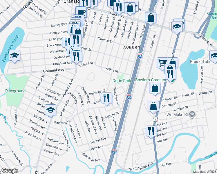 map of restaurants, bars, coffee shops, grocery stores, and more near 343 Woodbine Street in Cranston