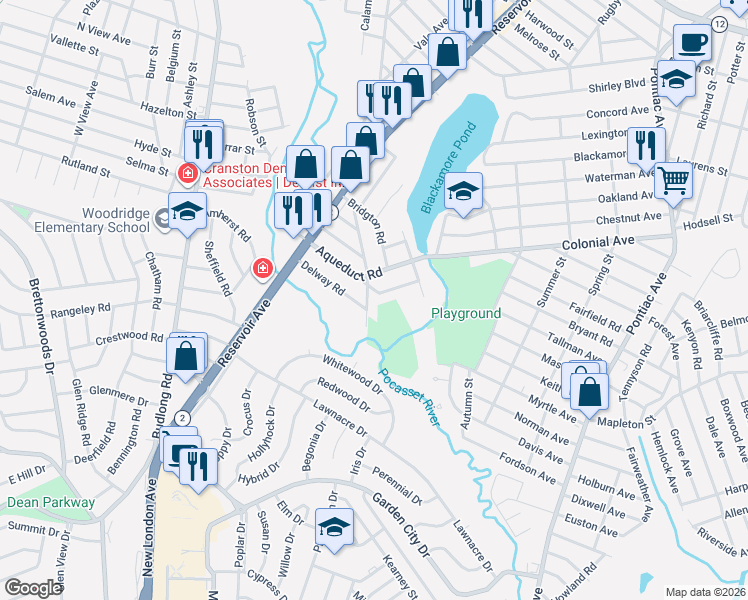 map of restaurants, bars, coffee shops, grocery stores, and more near 292 Aqueduct Road in Cranston