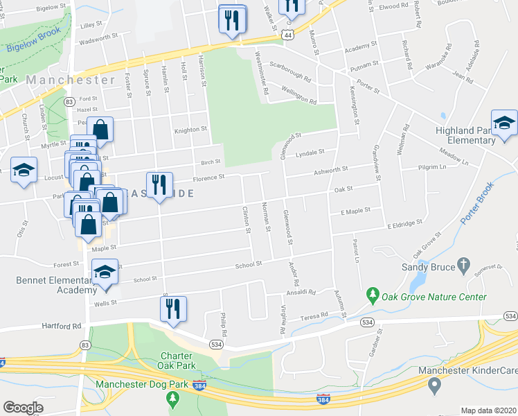 map of restaurants, bars, coffee shops, grocery stores, and more near 225 Oak Street in Manchester