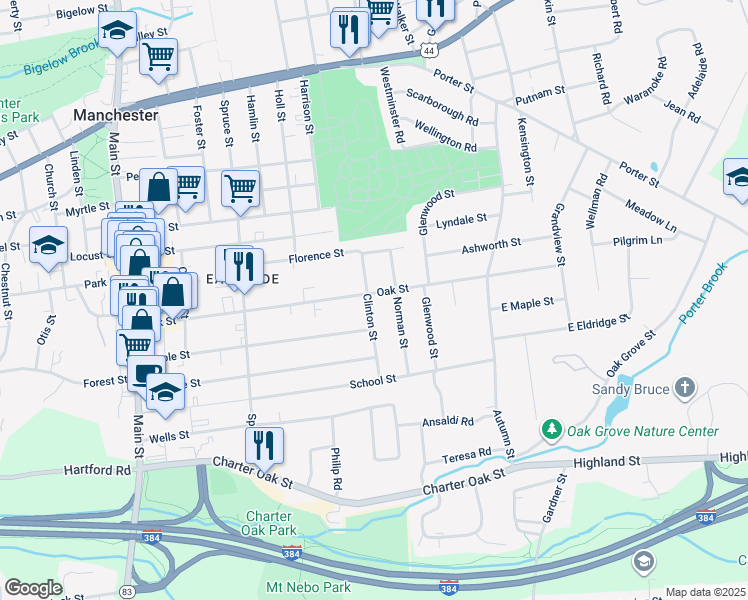 map of restaurants, bars, coffee shops, grocery stores, and more near 225 Oak Street in Manchester