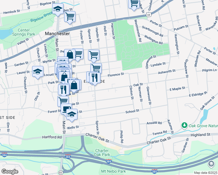map of restaurants, bars, coffee shops, grocery stores, and more near 163 Spruce Street in Manchester