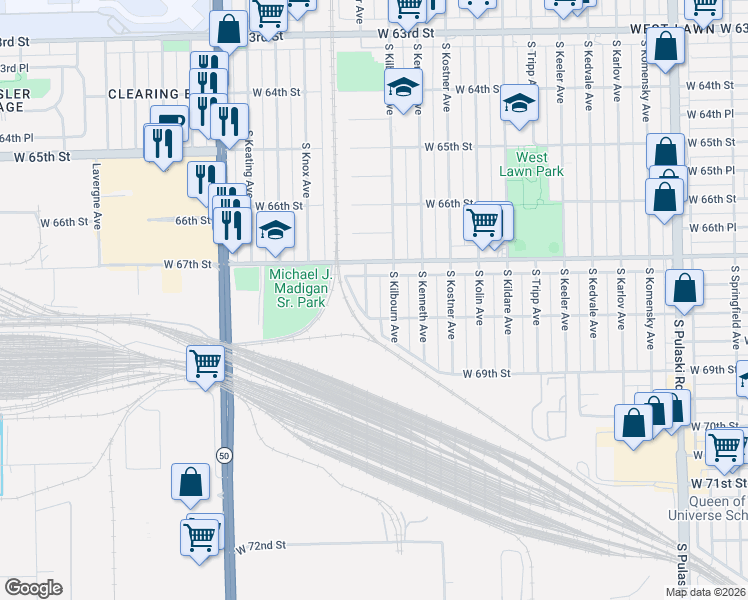 map of restaurants, bars, coffee shops, grocery stores, and more near 6720 South Kilbourn Avenue in Chicago