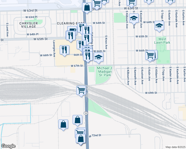 map of restaurants, bars, coffee shops, grocery stores, and more near 6700 South Keating Avenue in Chicago