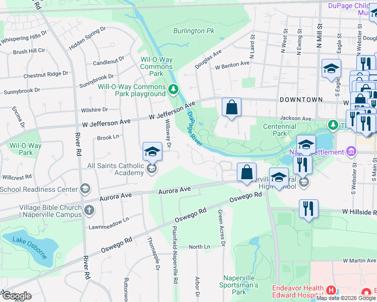 map of restaurants, bars, coffee shops, grocery stores, and more near 368 Waterside Court in Naperville