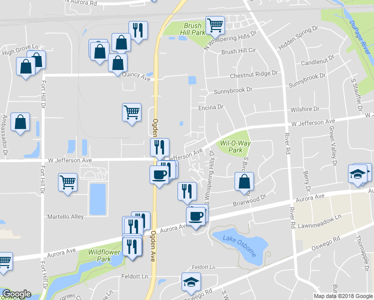 map of restaurants, bars, coffee shops, grocery stores, and more near 1505 West Jefferson Avenue in Naperville