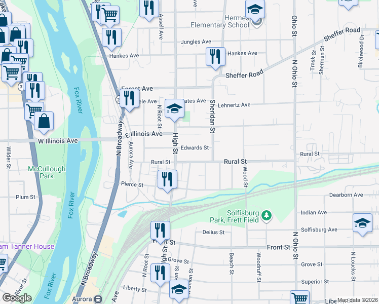 map of restaurants, bars, coffee shops, grocery stores, and more near 518 Edwards Street in Aurora