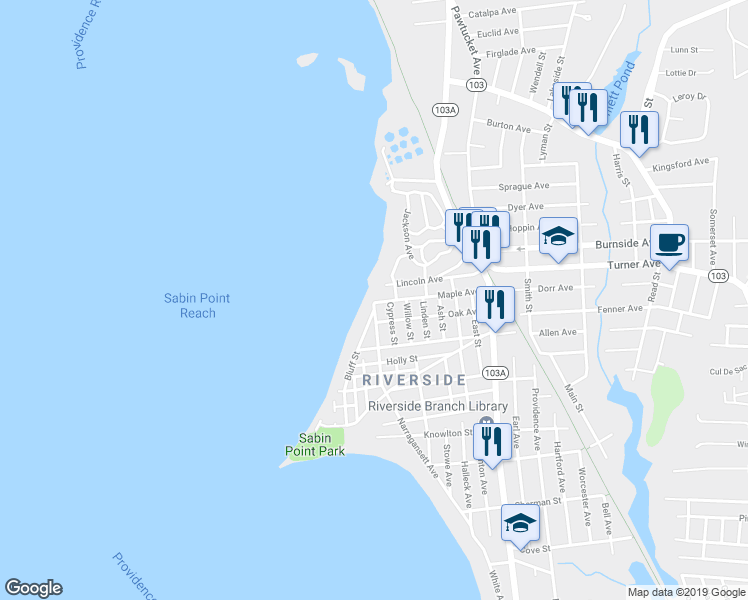 map of restaurants, bars, coffee shops, grocery stores, and more near 121 Maple Avenue in East Providence