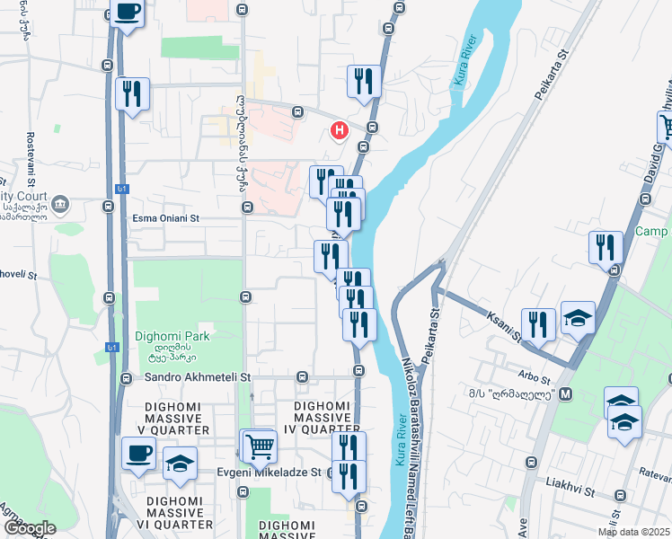 map of restaurants, bars, coffee shops, grocery stores, and more near Akaki Beliashvili Street in Tbilisi