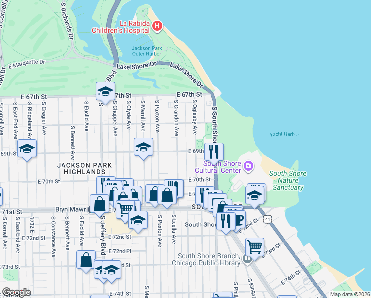 map of restaurants, bars, coffee shops, grocery stores, and more near 6875 South Crandon Avenue in Chicago