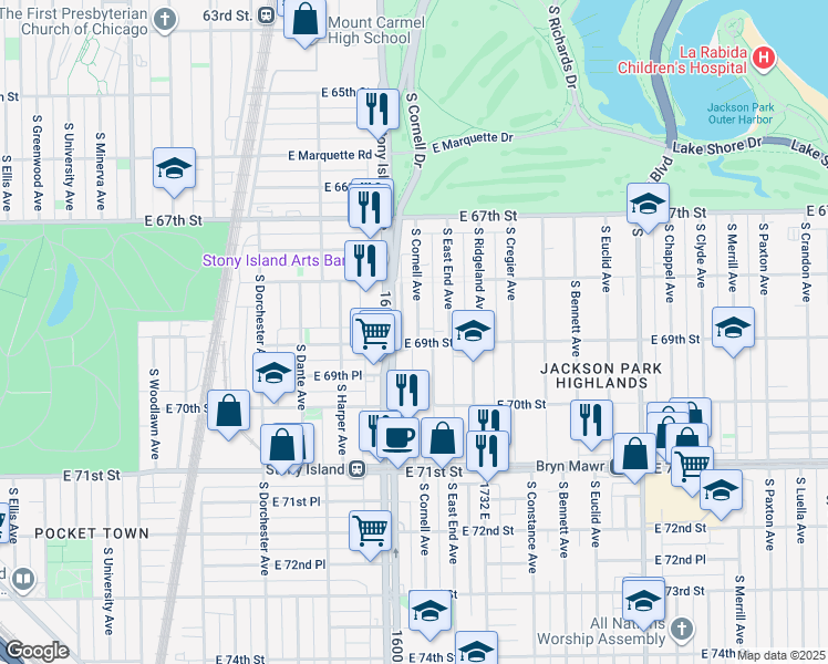 map of restaurants, bars, coffee shops, grocery stores, and more near 6850 South Cornell Avenue in Chicago