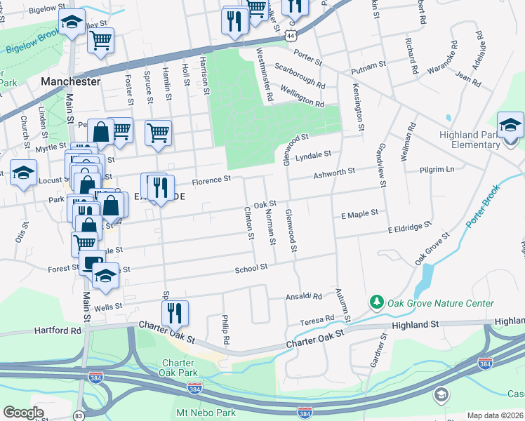 map of restaurants, bars, coffee shops, grocery stores, and more near 228 Oak Street in Manchester