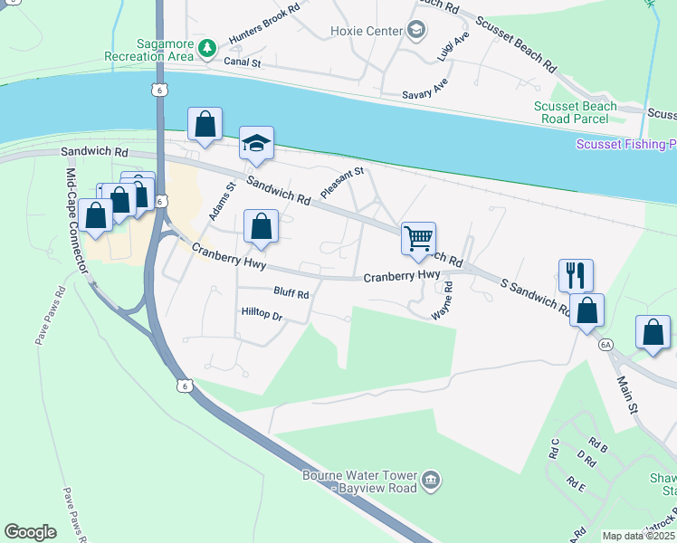 map of restaurants, bars, coffee shops, grocery stores, and more near 155 Cranberry Highway in Bourne