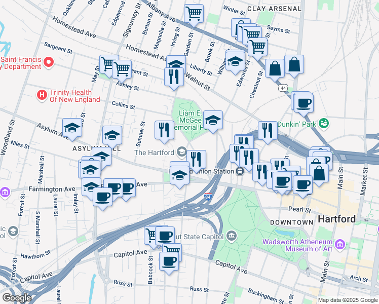map of restaurants, bars, coffee shops, grocery stores, and more near 150 Cogswell Street in Hartford