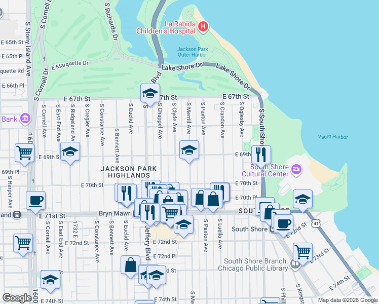 map of restaurants, bars, coffee shops, grocery stores, and more near 6849 South Clyde Avenue in Chicago