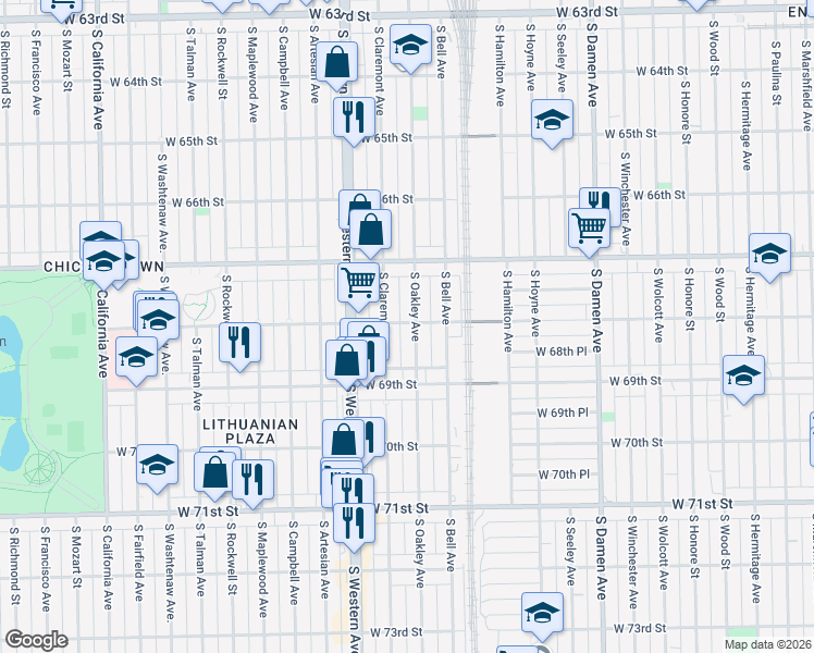 map of restaurants, bars, coffee shops, grocery stores, and more near 6750 South Oakley Avenue in Chicago