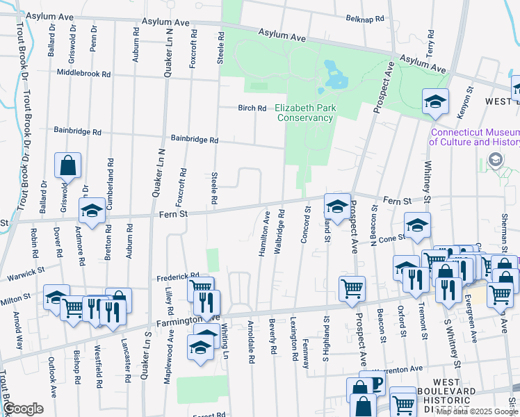 map of restaurants, bars, coffee shops, grocery stores, and more near 237 Fern Street in West Hartford