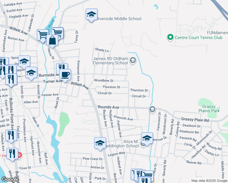 map of restaurants, bars, coffee shops, grocery stores, and more near 45 Thurston Street in East Providence