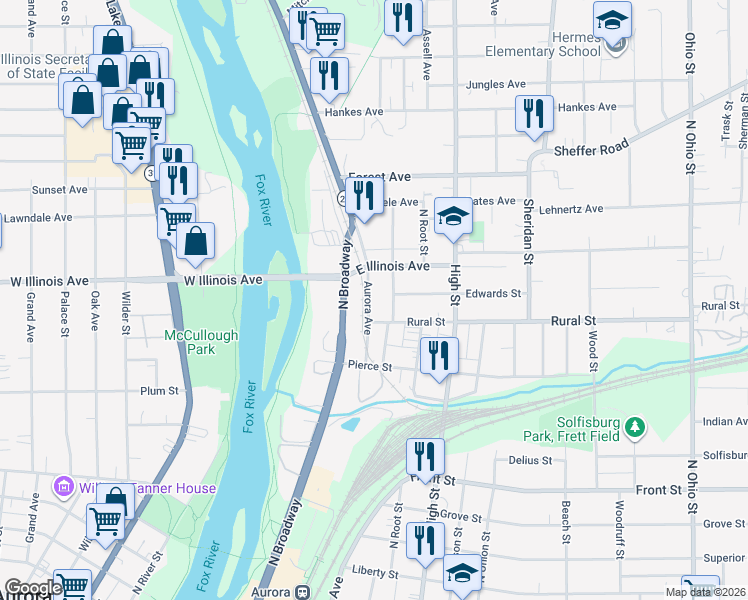 map of restaurants, bars, coffee shops, grocery stores, and more near 667 Aurora Avenue in Aurora