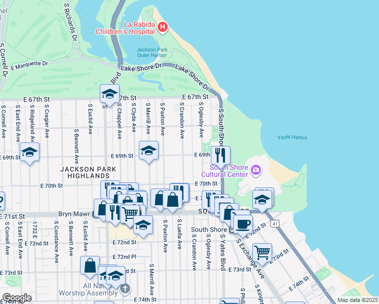 map of restaurants, bars, coffee shops, grocery stores, and more near 6849 South Crandon Avenue in Chicago