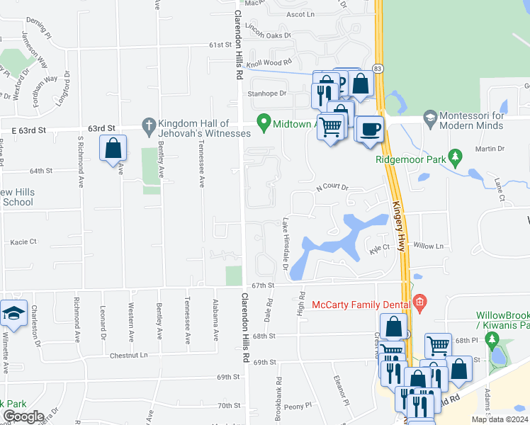map of restaurants, bars, coffee shops, grocery stores, and more near 6503 Clarendon Hills Road in Willowbrook