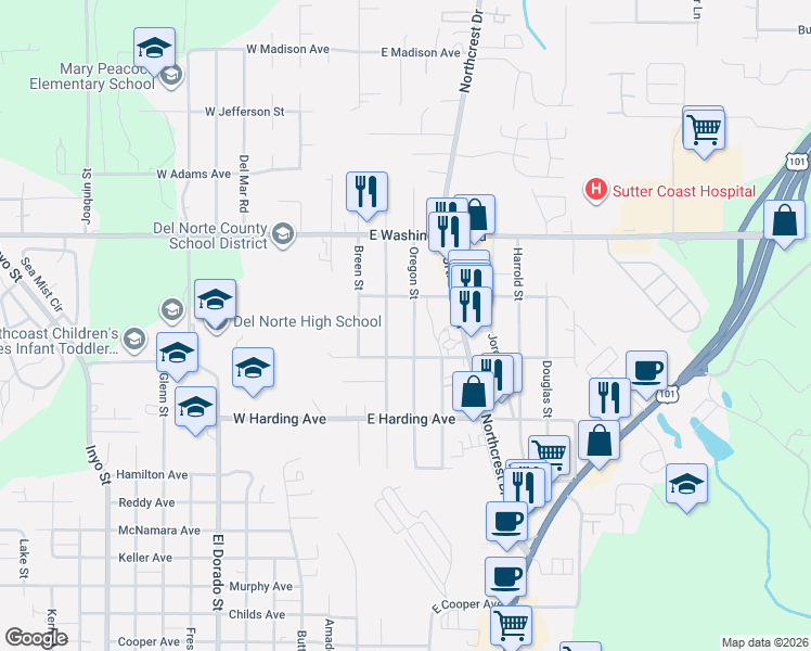 map of restaurants, bars, coffee shops, grocery stores, and more near 1380 Oregon Street in Crescent City