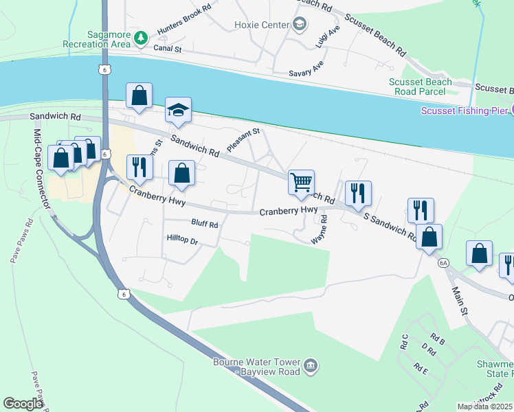 map of restaurants, bars, coffee shops, grocery stores, and more near 155 Cranberry Highway in Bourne