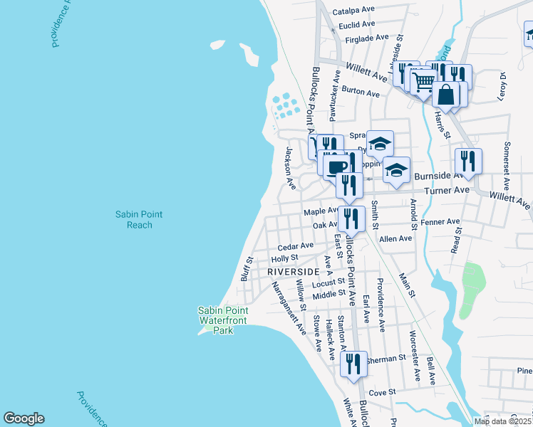 map of restaurants, bars, coffee shops, grocery stores, and more near 121 Maple Avenue in East Providence