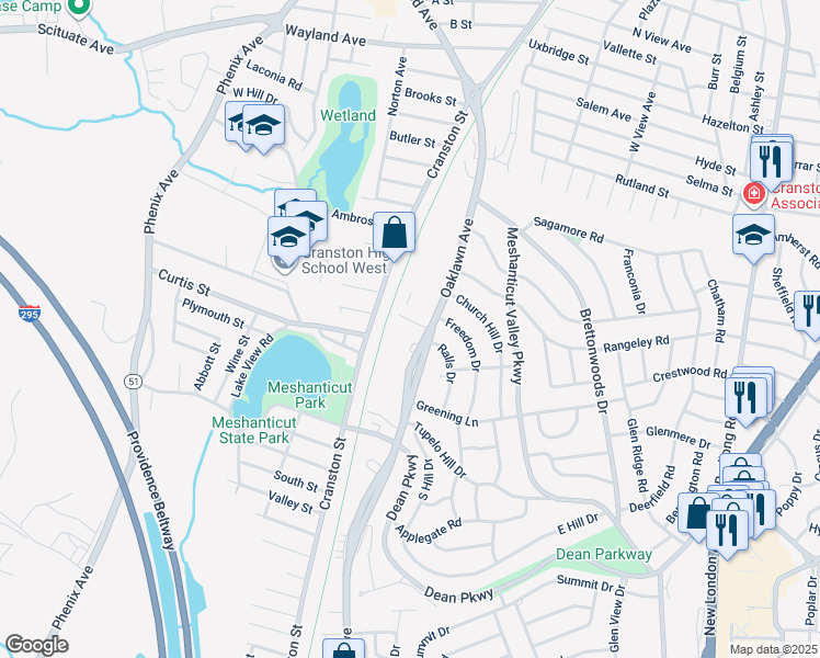 map of restaurants, bars, coffee shops, grocery stores, and more near 20 Oaklawn Manor Drive in Cranston