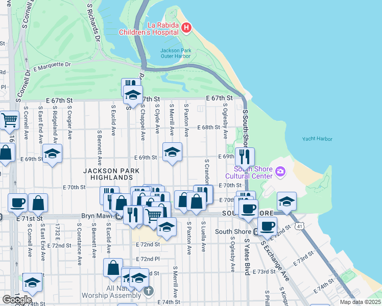 map of restaurants, bars, coffee shops, grocery stores, and more near 6842 South Paxton Avenue in Chicago