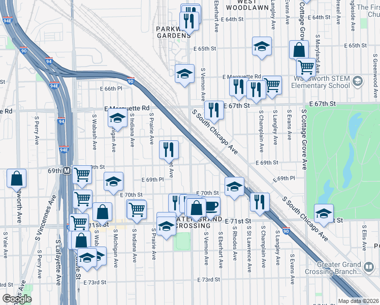 map of restaurants, bars, coffee shops, grocery stores, and more near 6829 South King Drive in Chicago