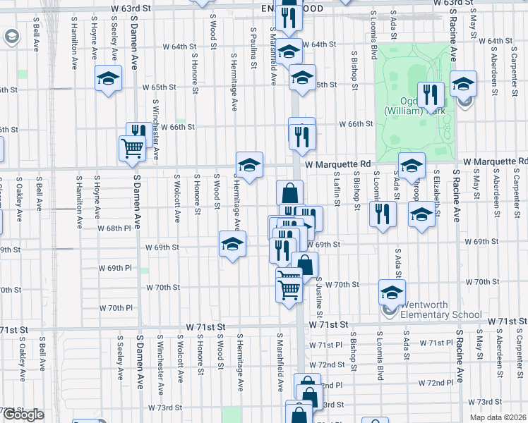 map of restaurants, bars, coffee shops, grocery stores, and more near 6759 South Paulina Street in Chicago