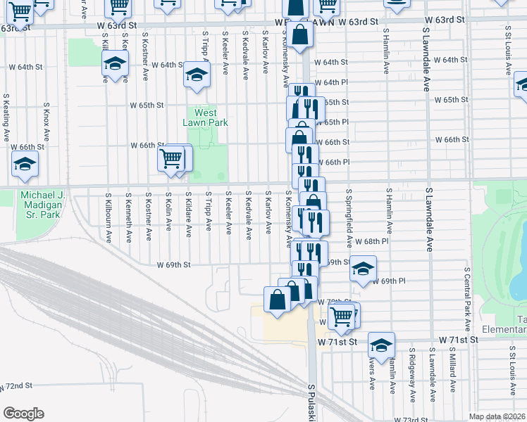 map of restaurants, bars, coffee shops, grocery stores, and more near 6727 South Kedvale Avenue in Chicago