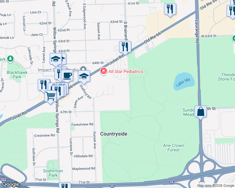 map of restaurants, bars, coffee shops, grocery stores, and more near 6670 South Brainard Avenue in Countryside