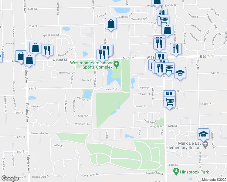 map of restaurants, bars, coffee shops, grocery stores, and more near 204 Memory Lane in Westmont
